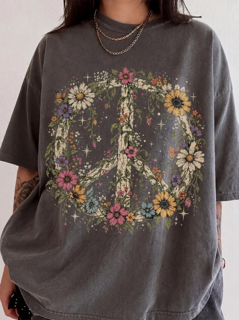 Comfort Colors Washed Pepper Floral Peace Sign Tee